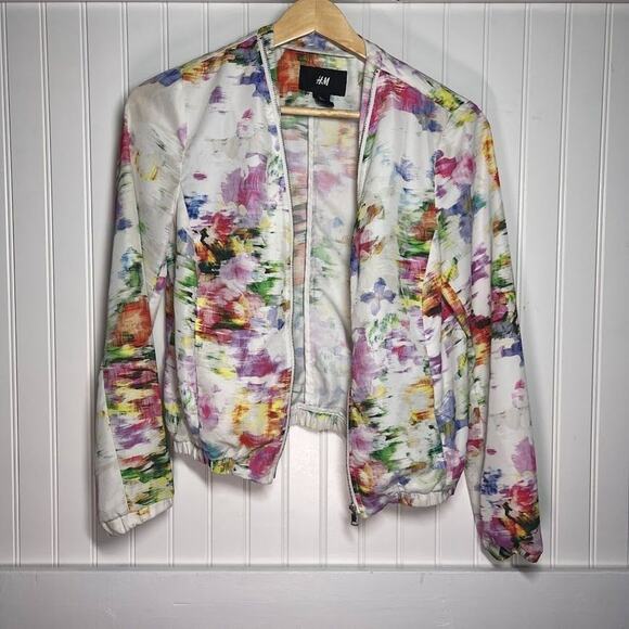 H&M Women's Multicolor Floral Bomber Jacket Full Zip Lightweight 4 Long Sleeve - Picture 10 of 10